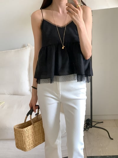 Ｖ領拼接點點網紗雪紡背心4