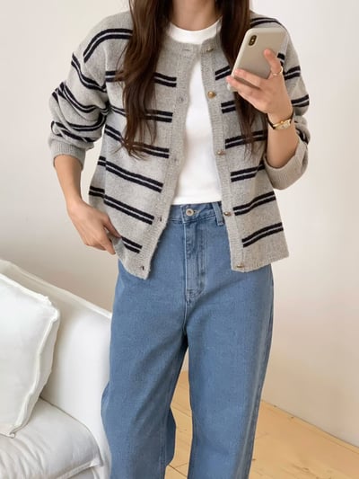 雙橫紋金釦10%羊毛針織外套2