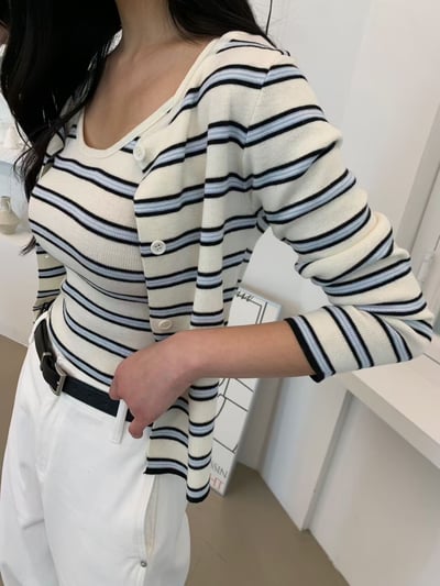 雙配色條紋背心＋排釦薄針織小外套SET5