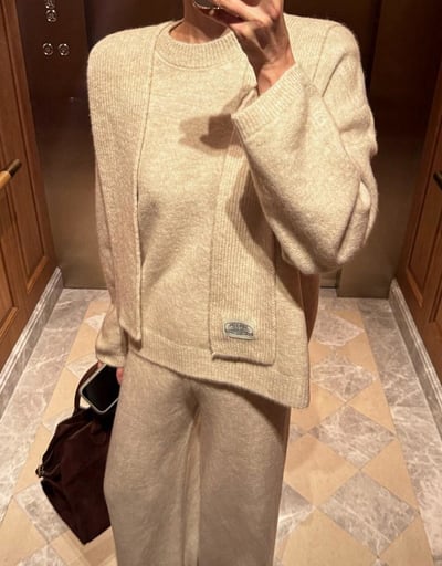 圓領針織上衣+連帽圍巾+長褲三件套SET6