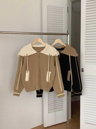 配色縫線滾邊翻領拉鍊針織衫8