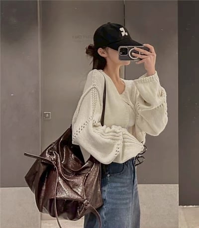 單釦落肩寬袖短版針織罩衫3