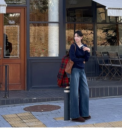 後口袋磨毛滾邊內刷薄毛直筒牛仔褲8