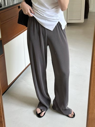 涼感不修邊坑紋彈性落地褲4