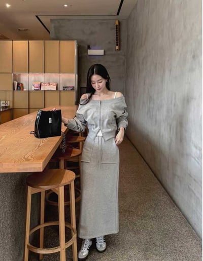 一字領雙拉鍊外套＋雙口袋抽繩棉長裙SET(可拆買）6