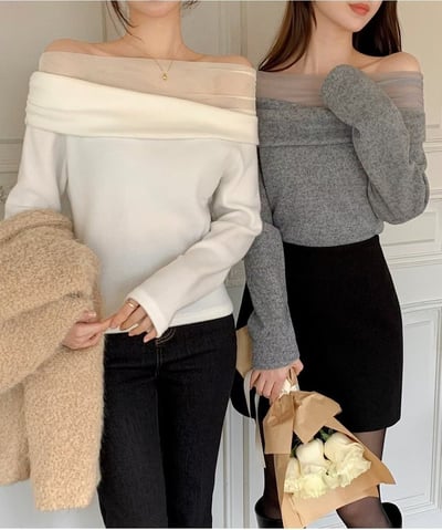 一字領網紗拼接上衣6