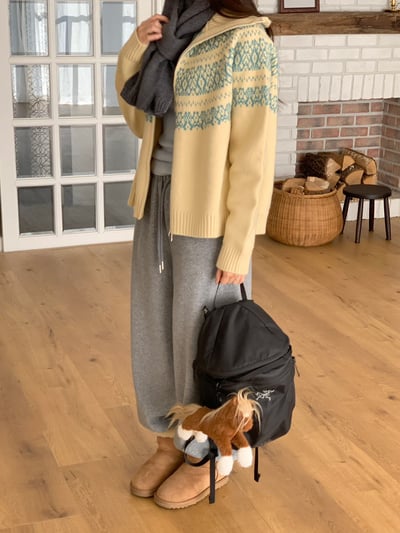 接螺紋翻領圖騰拉鍊針織外套7