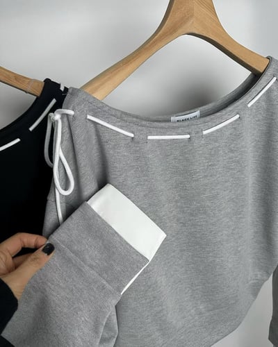 抽繩側綁結領拼接手袖大學Ｔ6