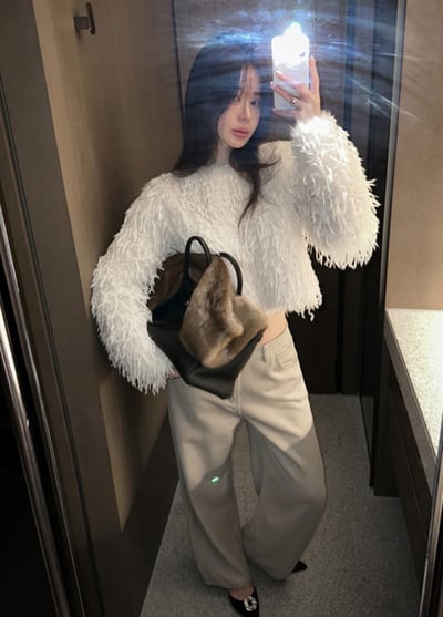 中高腰米色磨毛微寬褲3