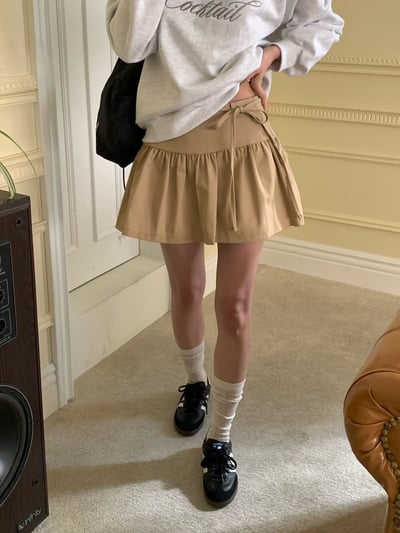 壓摺荷葉棉麻短褲裙（附綁帶）3