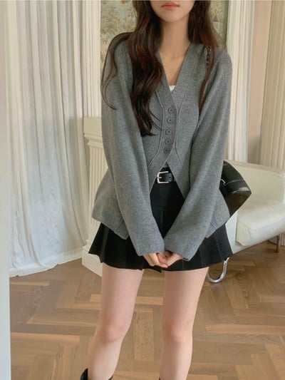 Ｖ領牌釦開衩下擺針織衣2