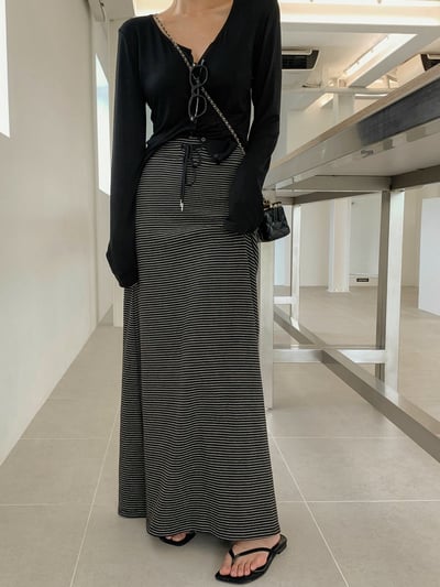 抽繩細條紋落地棉質長裙6
