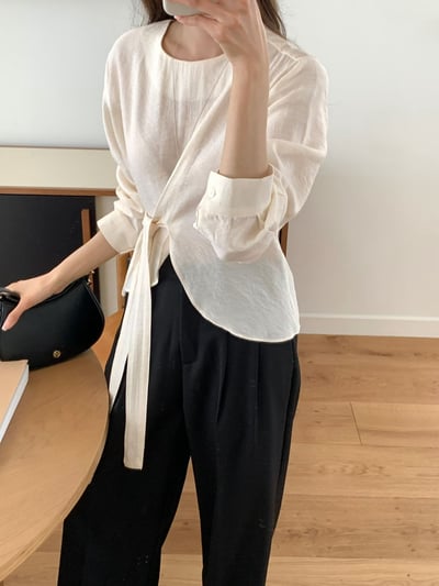 圓領素色微透下綁結雪紡衫3