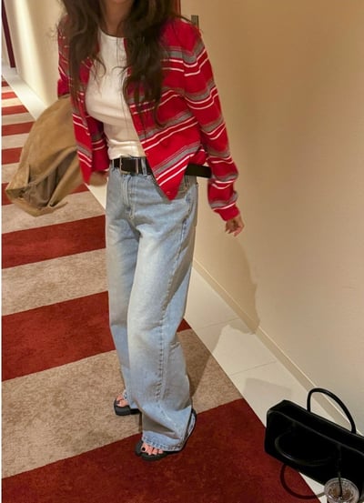 圓領秋季配色橫條紋排釦針織衫5