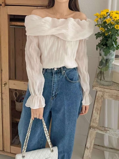 反摺平肩波紋感雪紡衫1