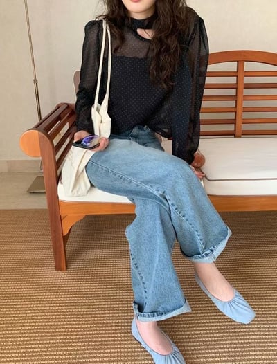 領巾復古點點微透雪紡衫2