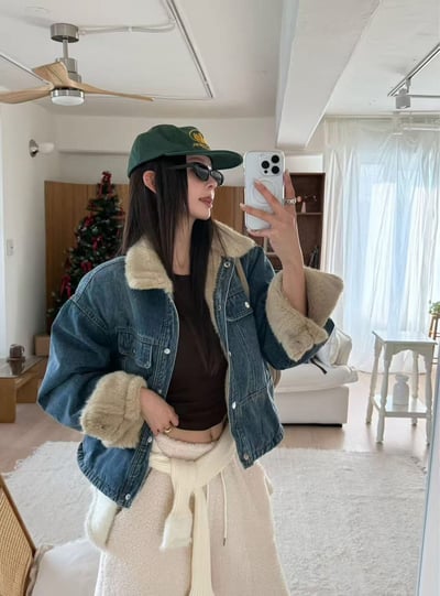 內裡拼接毛草牛仔外套1