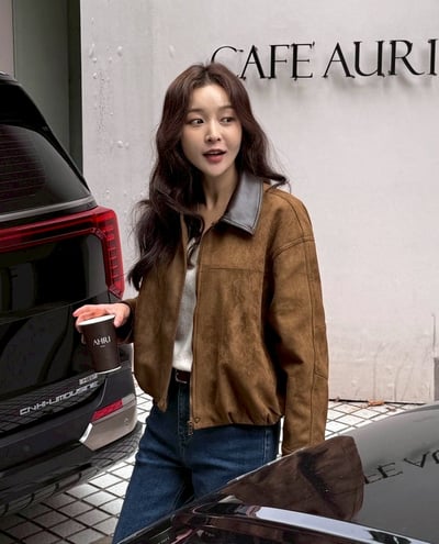 皮革領拼接絨面拉鍊夾克外3