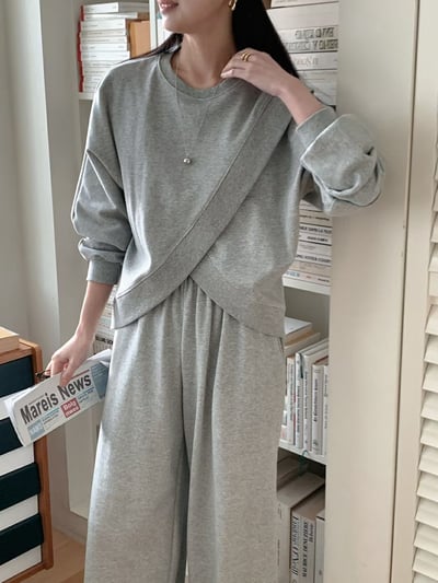 交叉下擺大學Ｔ＋鬆緊棉寬褲SET3