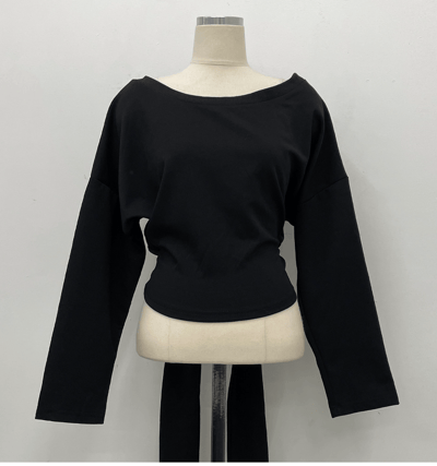 後綁帶露肩衛衣+鬆緊長褲SET14