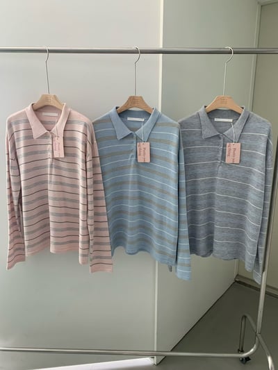 清新配色條紋翻領排釦棉T6