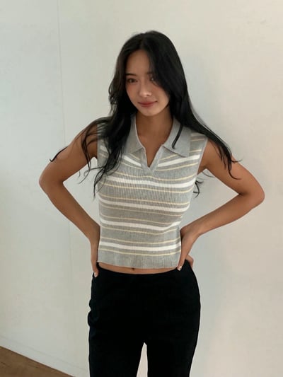 翻領配色條紋顯瘦背心5