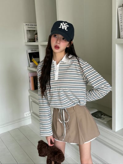 撞色蕾絲polo領配色條紋Ｔ1