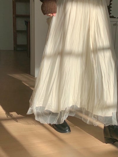 兩面穿！壓紋絨面料拼接網紗長裙10