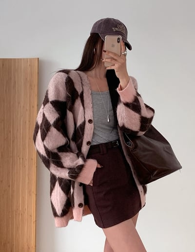 菱格紋毛感中長款排釦外套4