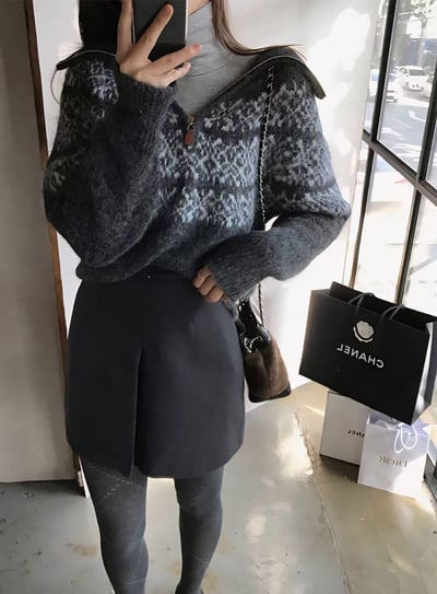 拉鍊領復古圖騰羊毛針織衣（10%)2