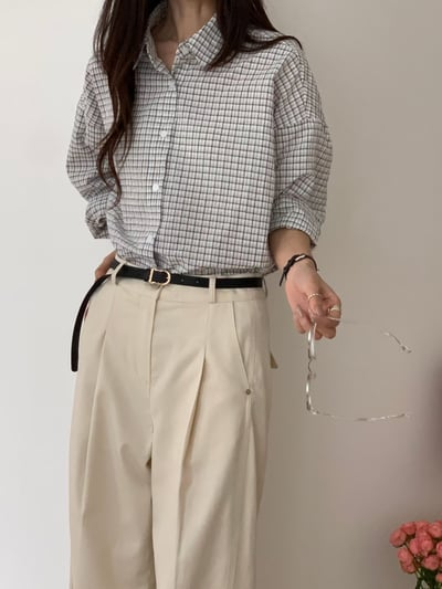 落肩壓紋面料格紋襯衫7