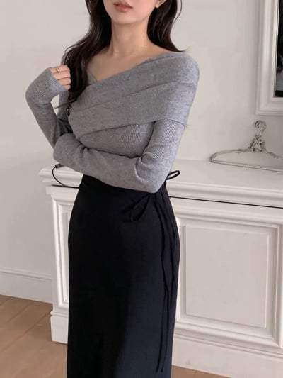 兩穿斜肩紐結包芯紗針織衣6