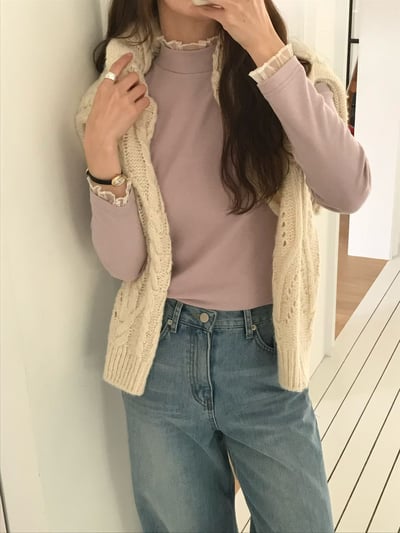 拼接花邊邊網紗高領打底衣1