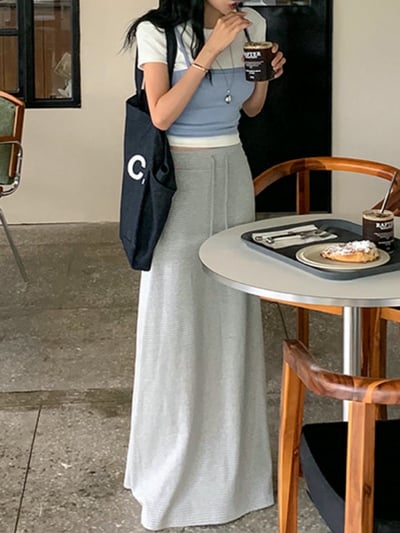 抽繩細條紋落地棉質長裙3