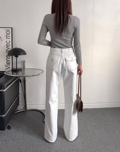 高腰後口袋造型順身小寬褲2