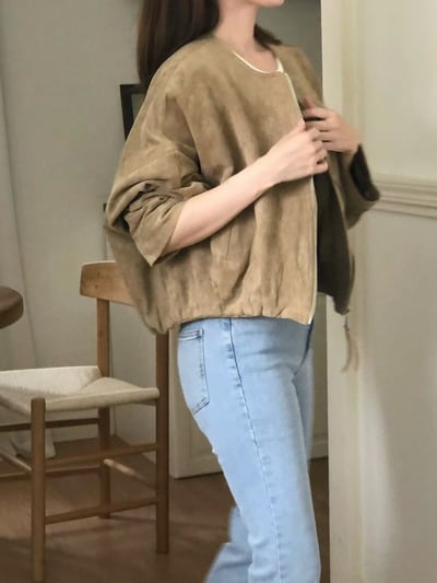 落肩圓領薄款麂皮拉鍊夾克3