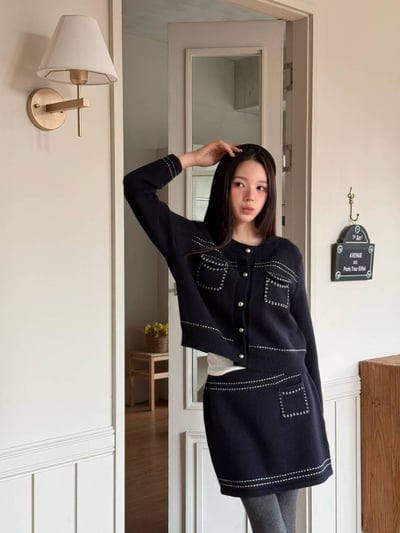 車線銀扣針織上衣+短裙SET8