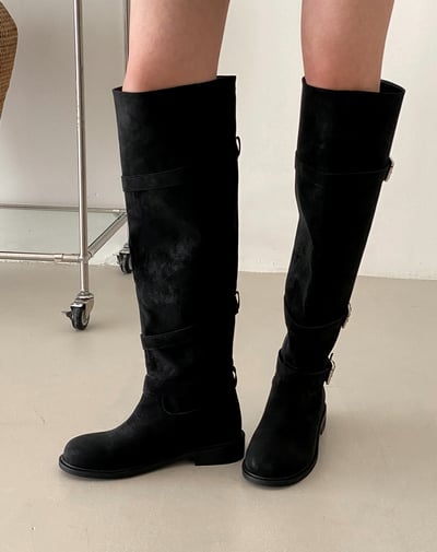 圓頭釦環麂皮膝上靴8