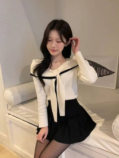 撞色翻領綁結薄款針織衫4