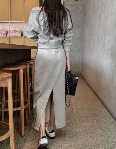 一字領雙拉鍊外套＋雙口袋抽繩棉長裙SET(可拆買）4