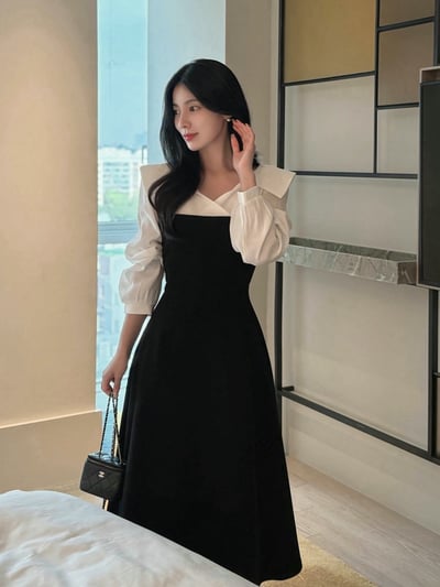 翻領層次拼接傘擺長洋2