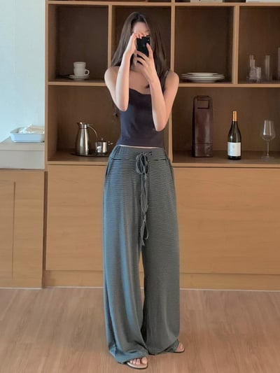 中高腰壓線條文棉質寬褲3