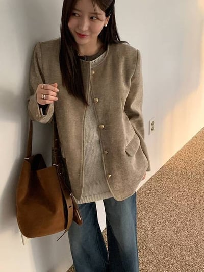 圓領絲絨金釦長版鋪棉外套2