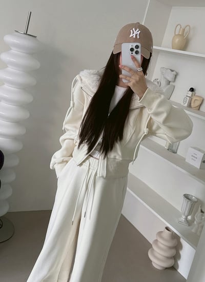 毛毛大翻領設計連帽外套＋鬆緊長褲SET8