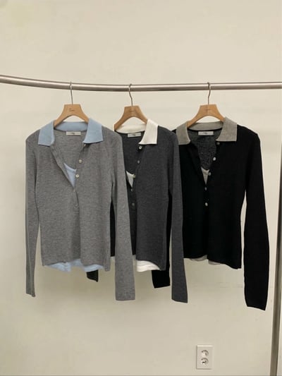 拼接排釦襯領假兩件針織衫12