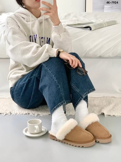 中線毛毛方塊牛皮厚底拖鞋3