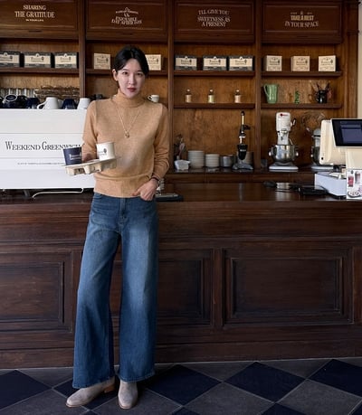 後口袋磨毛滾邊內刷薄毛直筒牛仔褲10