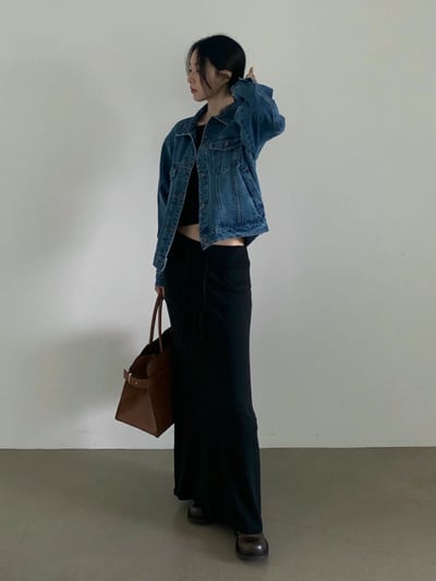 斜肩寬版短腰薄Ｔ+低腰抽繩長裙SET11