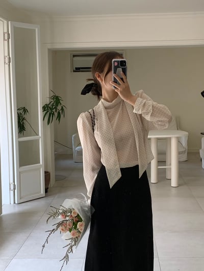 領巾復古點點微透雪紡衫1