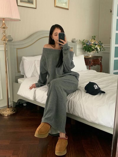 刷毛平領大學Ｔ＋後開衩磨毛長裙SET1